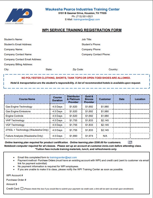 WPI SERVICE TRAINING REGISTRATION FORM